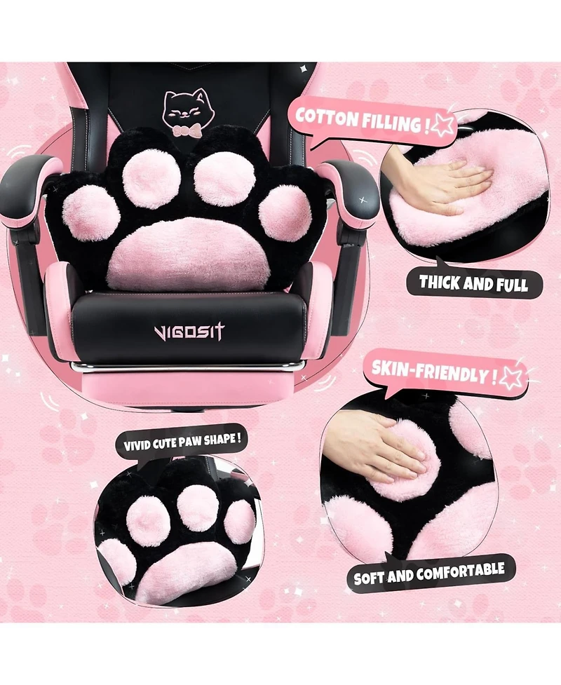 Rainsken Gaming Chair Cute, with Cat Ears Paw Lumbar and Cushion, Leather Fabric, 6-Position Recline, 310lbs Computer