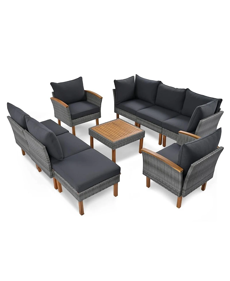 Asagikoiai 9-Piece Patio Rattan Furniture Set, Conversation Set with Acacia Wood Legs and Coffee Table
