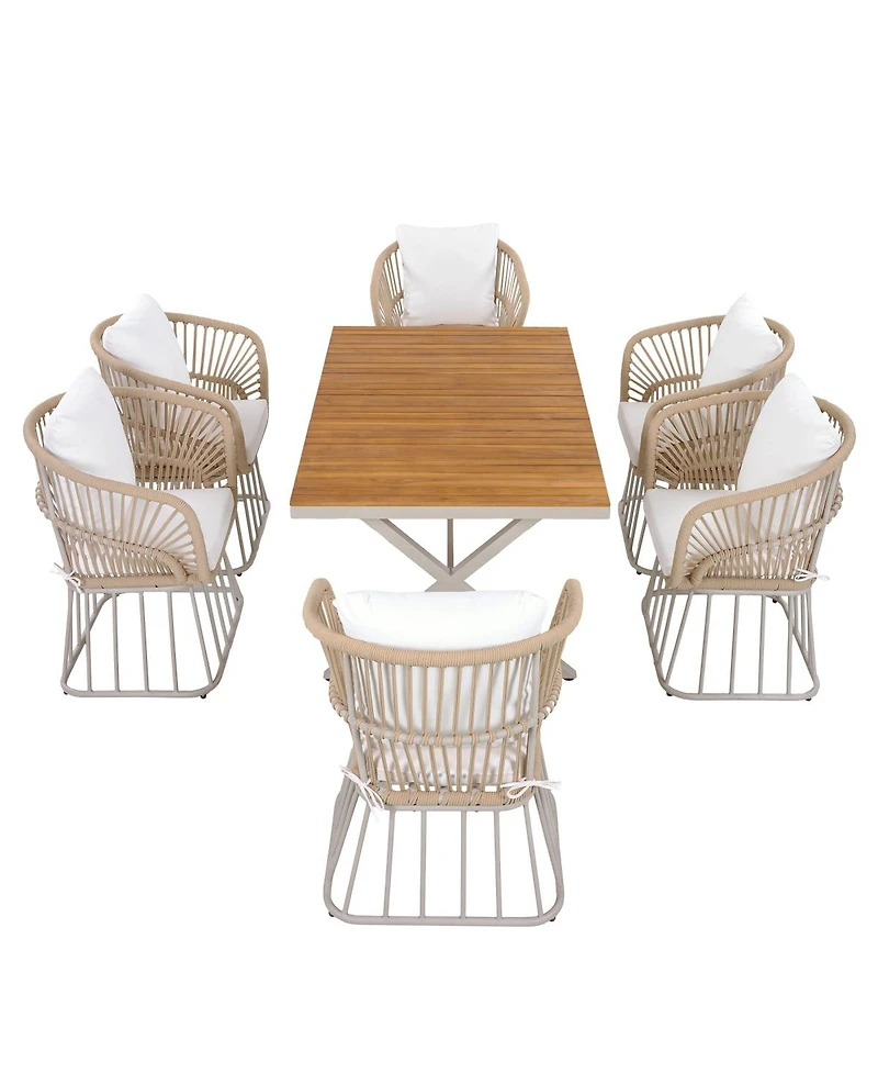 Asagikoiai 7-Piece Outdoor Dining Set with Solid Teak Wood Table and Rope Chairs