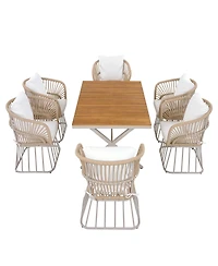 Asagikoiai 7-Piece Outdoor Dining Set with Solid Teak Wood Table and Rope Chairs
