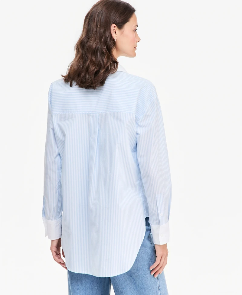 On 34th Women's Oversized Contrast-Collar Striped Poplin Shirt, Macy's Exclusive
