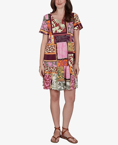 Ruby Rd. Petite Tropical Patchwork Stretch Pocket Dress