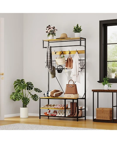 gaomon 5-in-1 Freestanding Hall Tree with Bench and Shoe Storage, Entryway Organizer for Hallway, Mudroom, Bedroom
