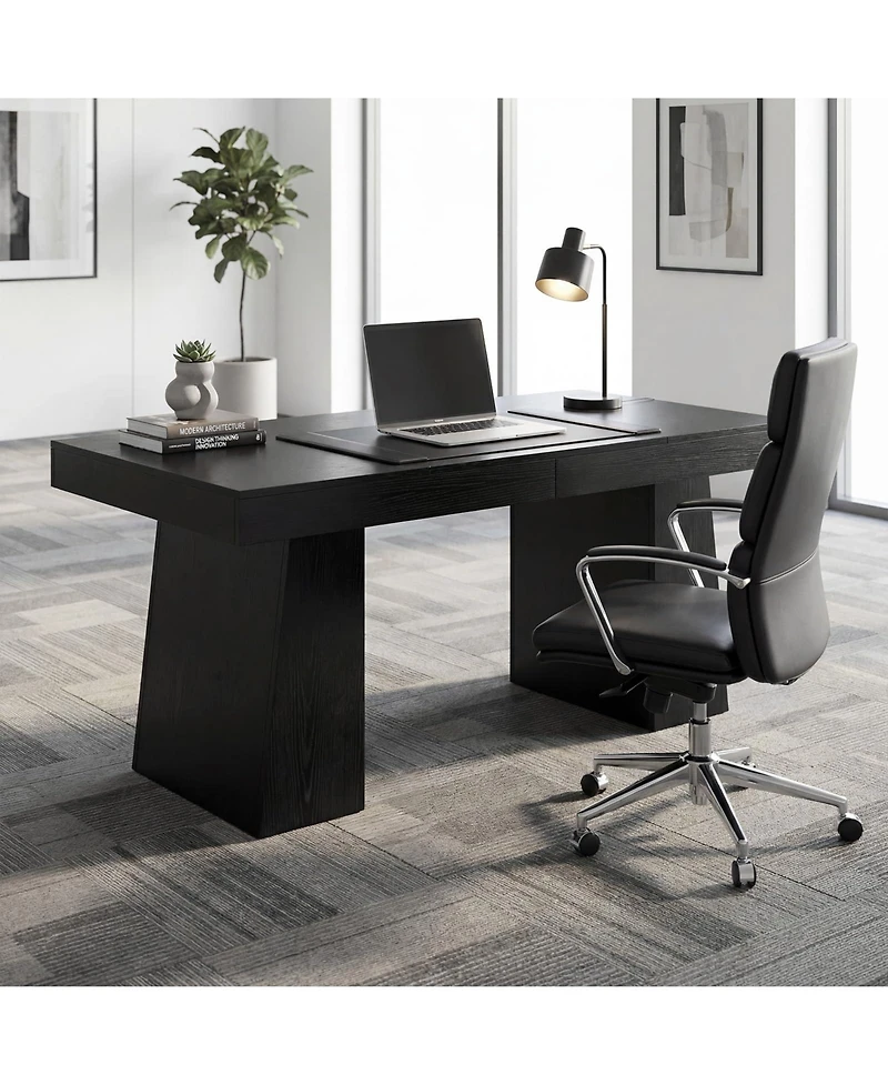 gaomon 55 Inch Black Wood Executive Desk Modern Home Office Computer Desk Workstation Writing Table Business Conference Room Furniture