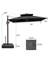 Pellebant Outdoor Patio Double Top 9x11Feet Square Aluminum Cantilever Umbrella with Rod Wheel Base