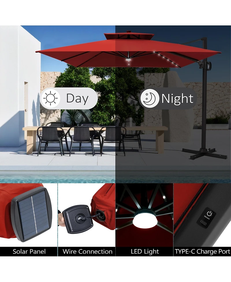 Pellebant Outdoor Patio 11x11Feet Aluminum Double Canopy Solar Lights Cantilever Umbrella with Base