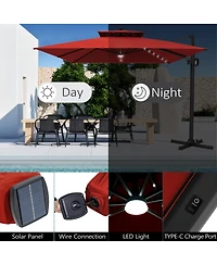 Pellebant Outdoor Patio 11x11Feet Aluminum Double Canopy Solar Lights Cantilever Umbrella with Base
