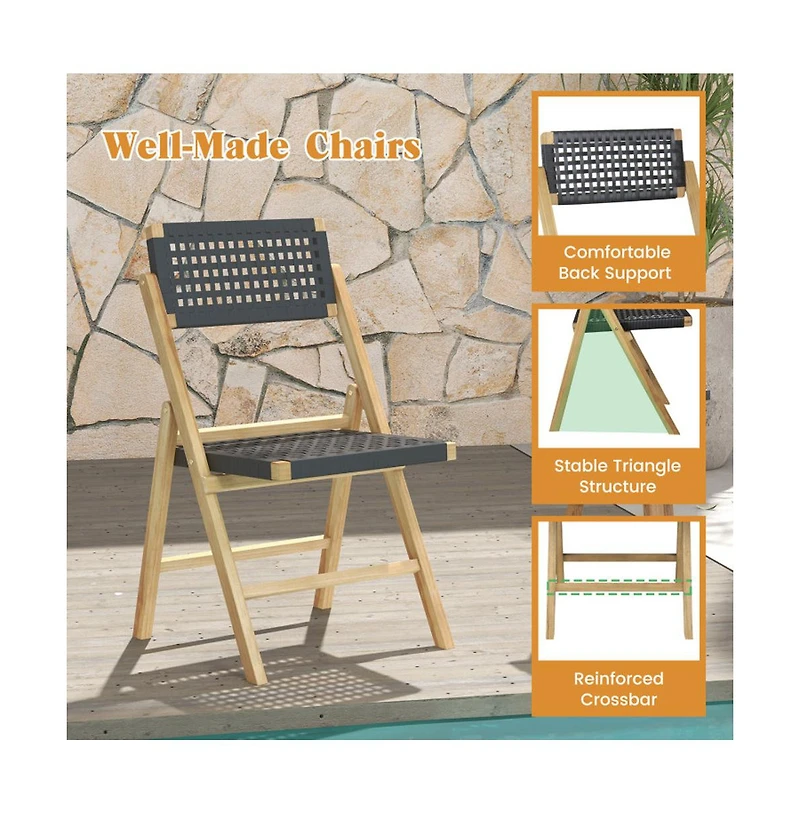 Boyel Living Set of 2 Folding Chairs Indonesia Teak Wood Dining Chairs with Woven Rope Seat and Back