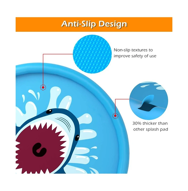 Aofar 68" Splash Pad Sprinkler Play Mat Inflatable Shark Pool