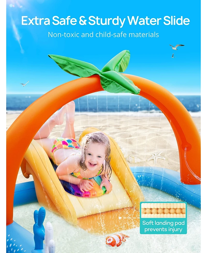 Aofar KidPool Slide Inflatable Play Center Wading Lounge Coconut Palm Sprinkler Water Game