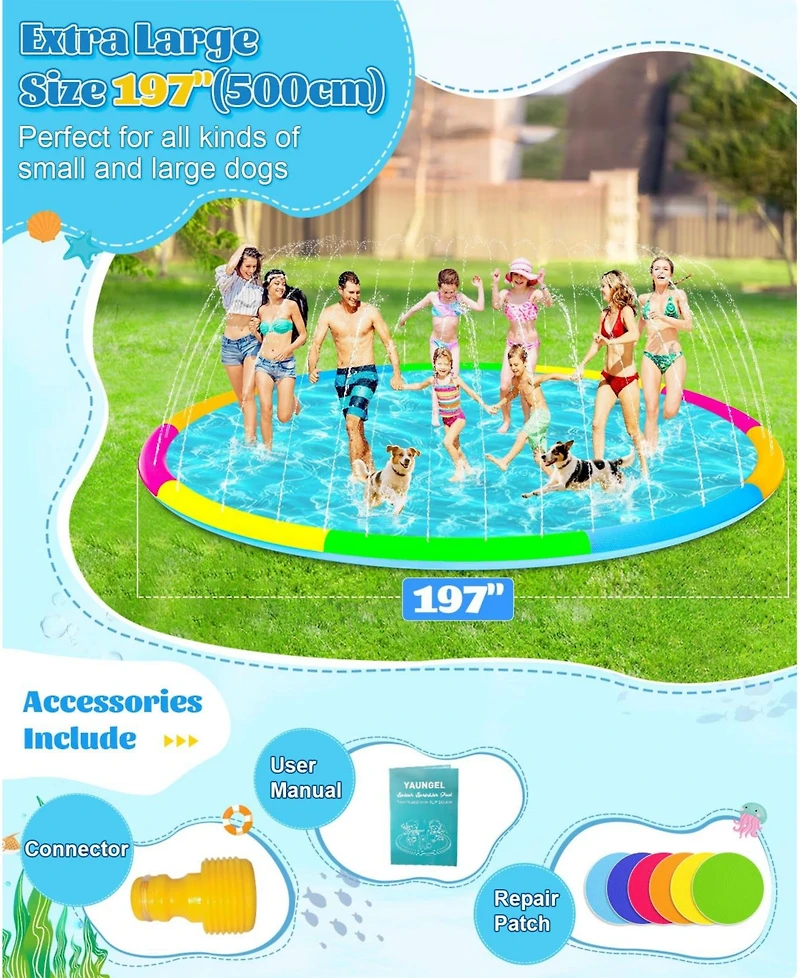 Aofar 197" Splash Pad Sprinkler Pool Mat for Dogs Adults Outdoor Play