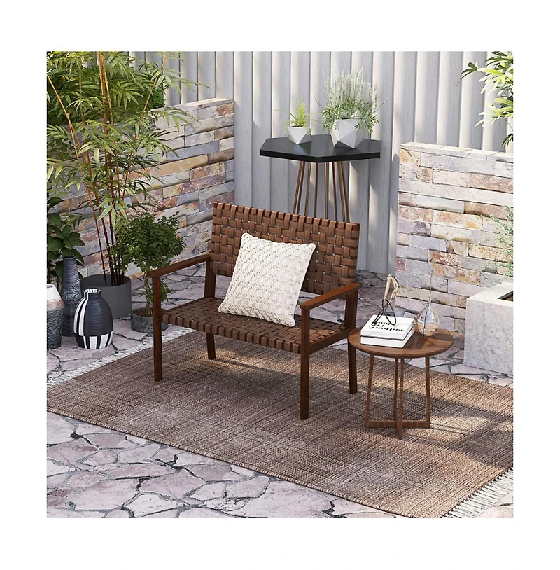 Boyel Living Outdoor All Weather Bench with Solid Rubber Wood Frame and Hand Woven Pu Leather