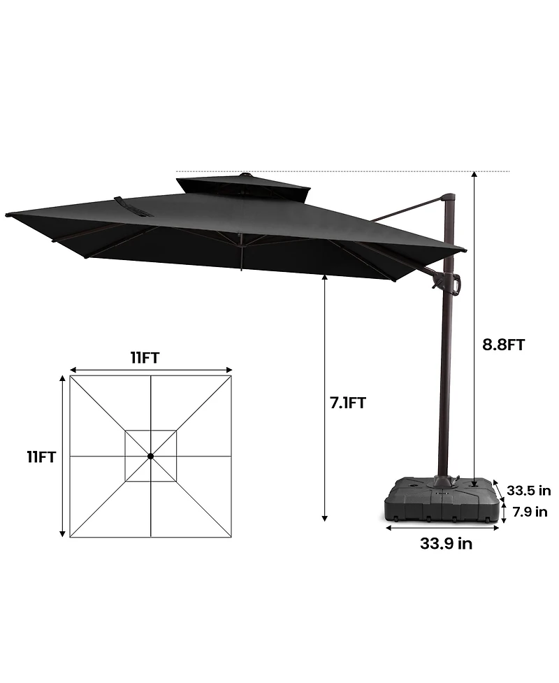 Pellebant Outdoor Patio Double Top 11x11Feet Square Aluminum Cantilever Umbrella With Wheel Base