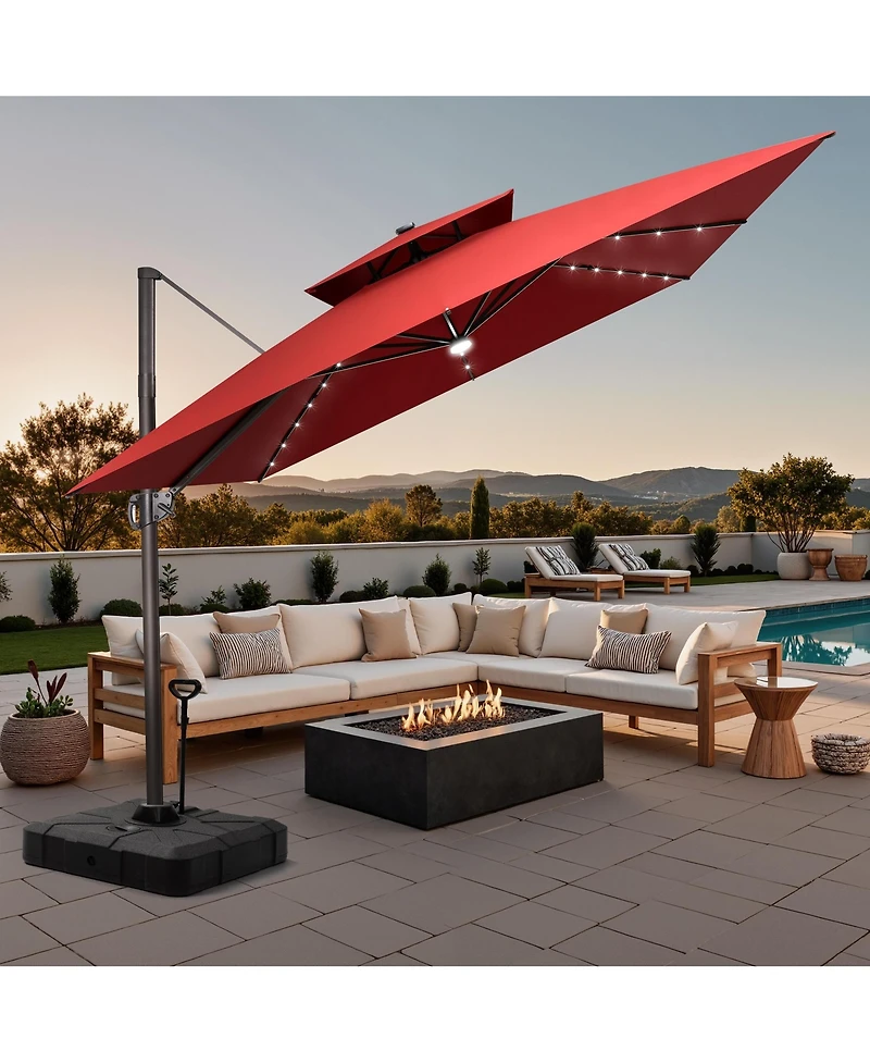 Pellebant Outdoor Patio 11x11Feet Aluminum Double Canopy Solar Lights Cantilever Umbrella with Rod Wheel Base