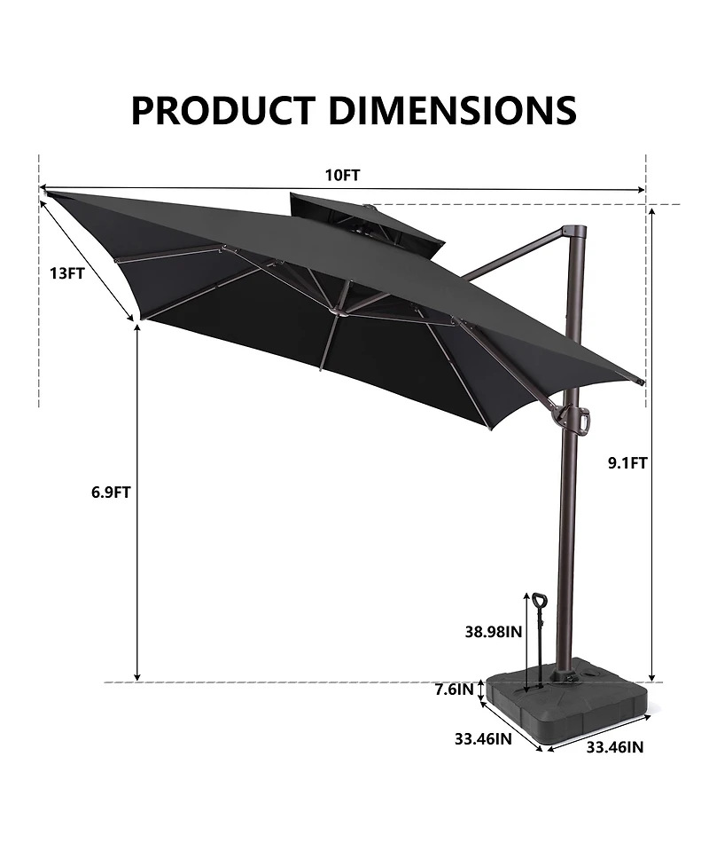 Pellebant Outdoor Patio 10X13Feet Aluminum Double Top Cantilever Umbrella with Rod Wheel Base