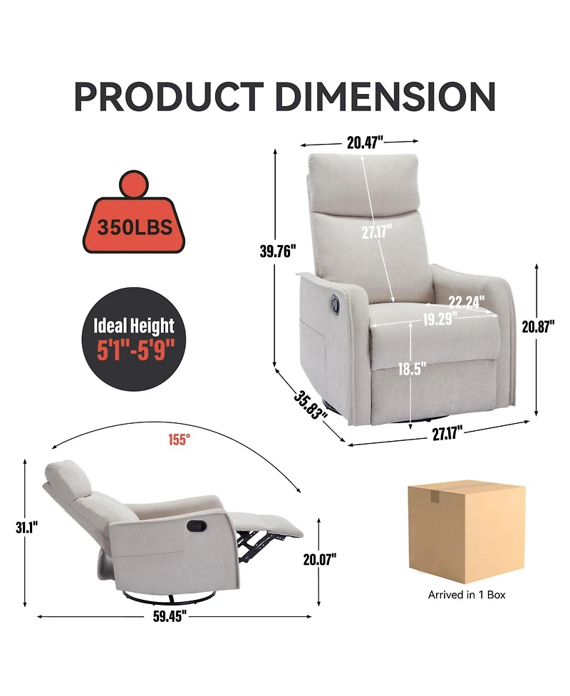 Clihome Heat Massage Manual Recliner Chair with Rocker and Swivel Fabric for Living Room