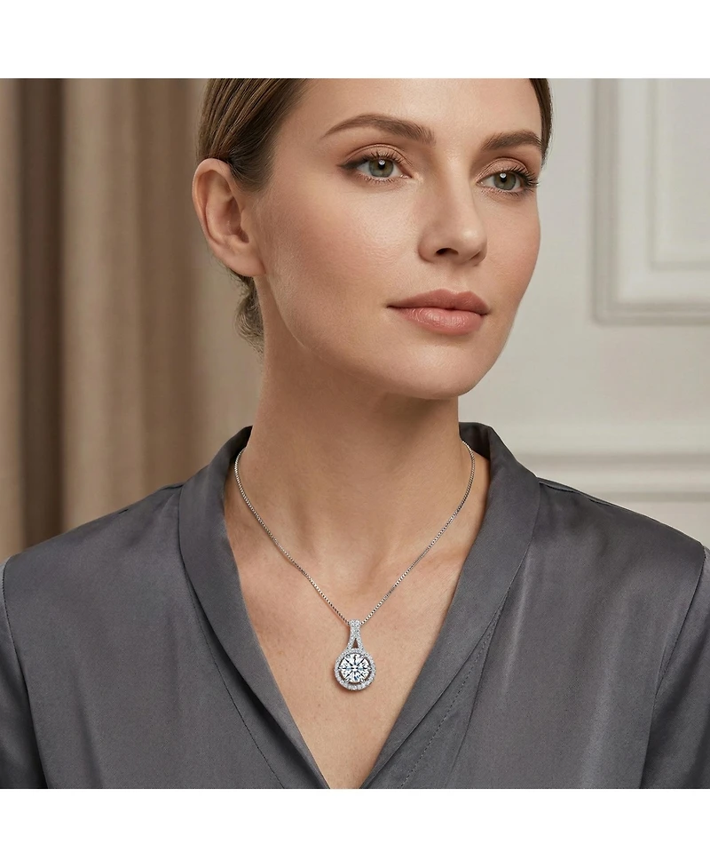 Genevive Sterling Silver with White Gold Plated Round Cubic Zirconia Drop Pendant Necklace