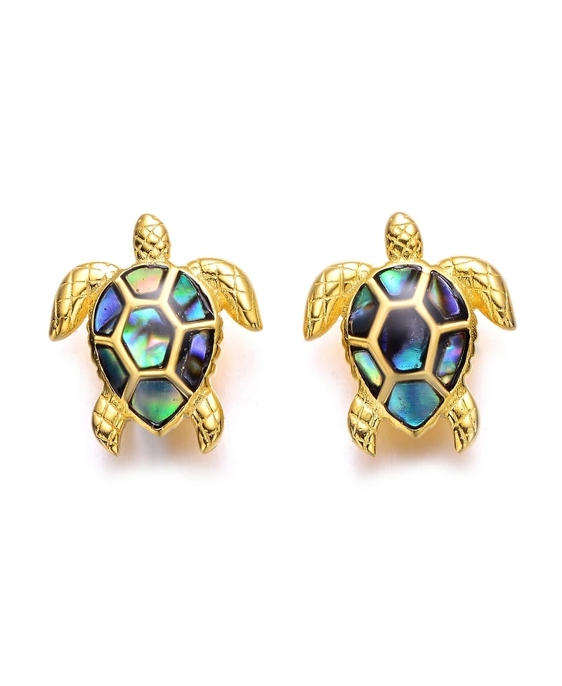 Genevive Sterling Silver 14k Gold Plated with Shimmering Abalone Shell Inlay Sea Turtle Stud Earrings