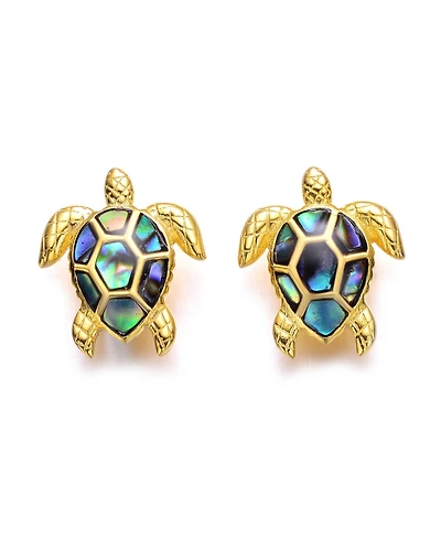 Genevive Sterling Silver 14k Gold Plated with Shimmering Abalone Shell Inlay Sea Turtle Stud Earrings