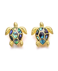 Genevive Sterling Silver 14k Gold Plated with Shimmering Abalone Shell Inlay Sea Turtle Stud Earrings