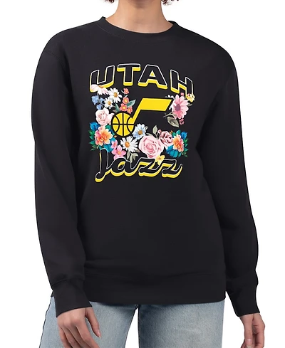 G-iii 4Her By Carl Banks Women's Black Utah Jazz Flowers Team Logo Graphic Fleece Crewneck Pullover Sweatshirt