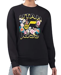 G-iii 4Her By Carl Banks Women's Black Utah Jazz Flowers Team Logo Graphic Fleece Crewneck Pullover Sweatshirt