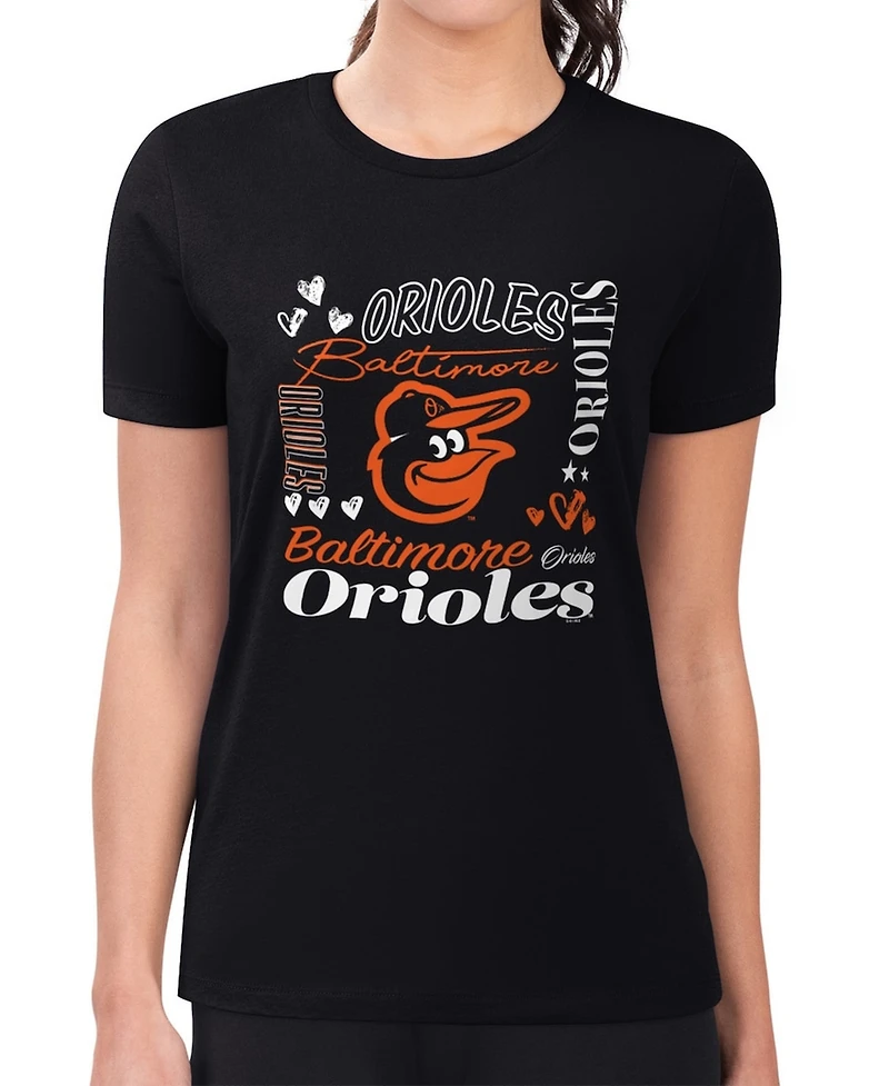 G-iii 4Her by Carl Banks Women's Black Baltimore Orioles Super-Slim Fit Lightweight Collage Team Graphic Crew Neck T-Shirt
