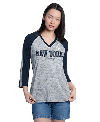 G-iii 4Her by Carl Banks Women's Navy/Heather Navy New York Yankees Speed Training 3/4-Sleeve Rhinestone V-Neck T-Shirt