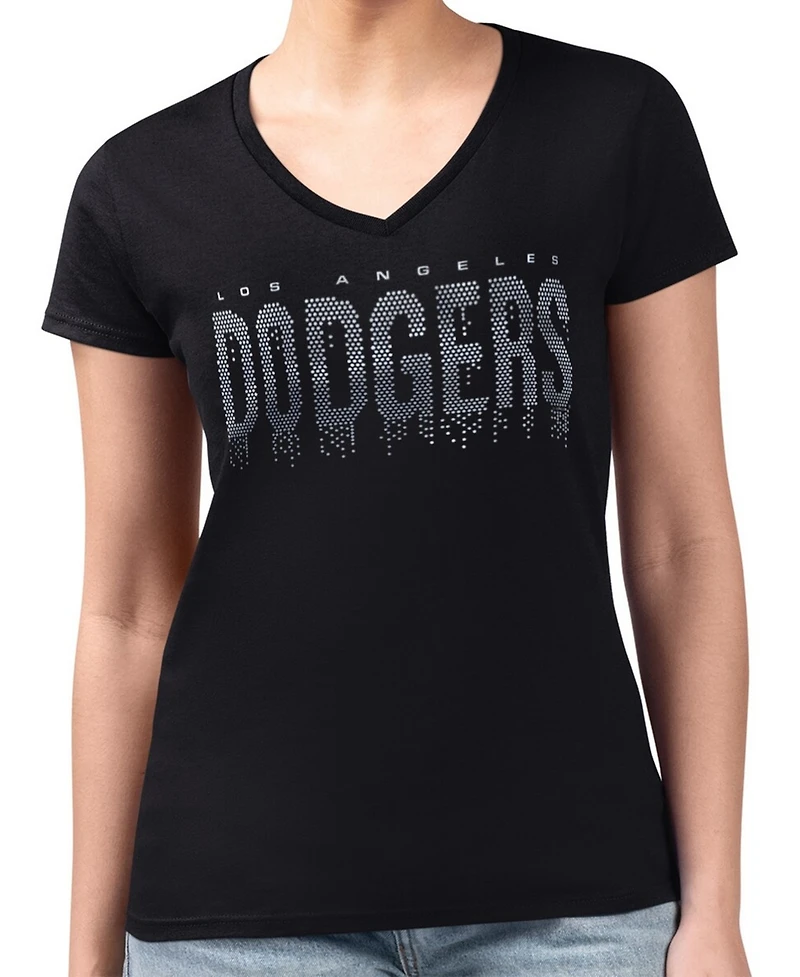 G-iii 4Her by Carl Banks Women's Black Los Angeles Dodgers Metallic Drop Lightweight V-Neck T-Shirt