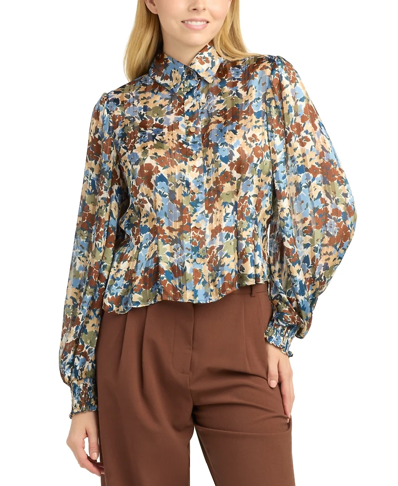 Bcx Women's Shadow Printed Collared Top