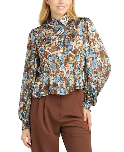 Bcx Women's Shadow Printed Collared Top