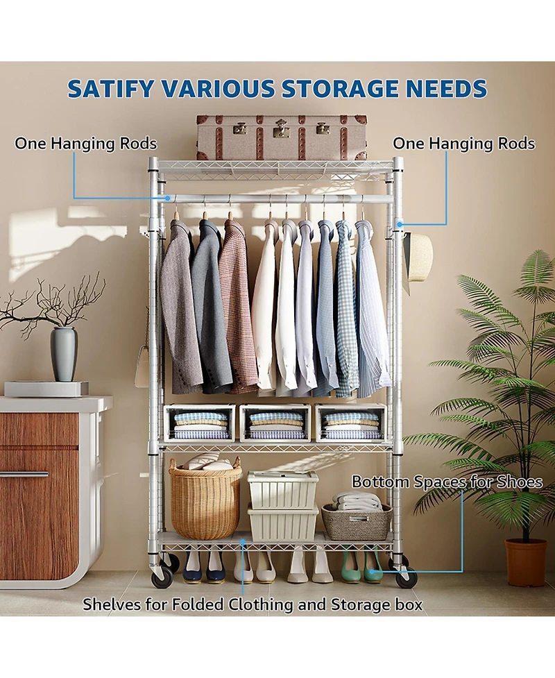 Rainsken Rolling Garment Rack 3 Tiers, , with Rods and Side Hooks, Adjustable Wire Shelving Clothes Rack, Heavy Duty Metal Clothing Racks