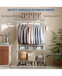Rainsken Rolling Garment Rack 3 Tiers, , with Rods and Side Hooks, Adjustable Wire Shelving Clothes Rack, Heavy Duty Metal Clothing Racks