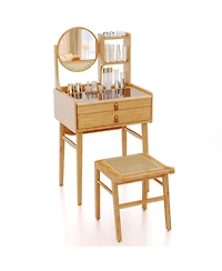 Costway Compact Makeup Table Set with 2 Drawers Open Storage Shelves Vanity Stool