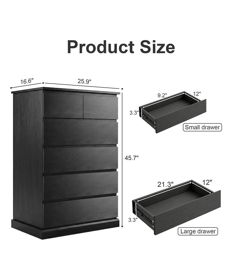 Rainsken 6 Drawers Dresser for Bedroom, with Concealed Handles, Vertical Wood Storage Cabinet, Tall Living Room, Entryway
