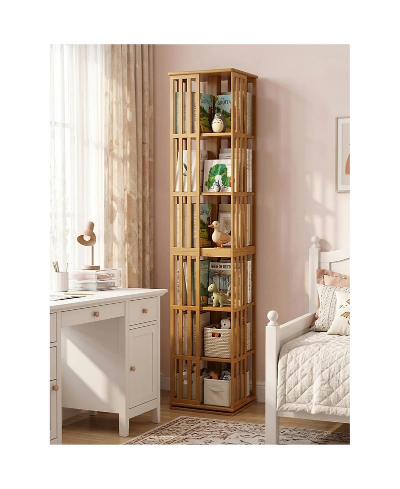 Rainsken 6 Tier Bamboo Rotating Bookshelf Tower, 360degree(s) Display Spinning Bookcase, Wood Narrow Book Shelf Organizer, for KidsandAdults