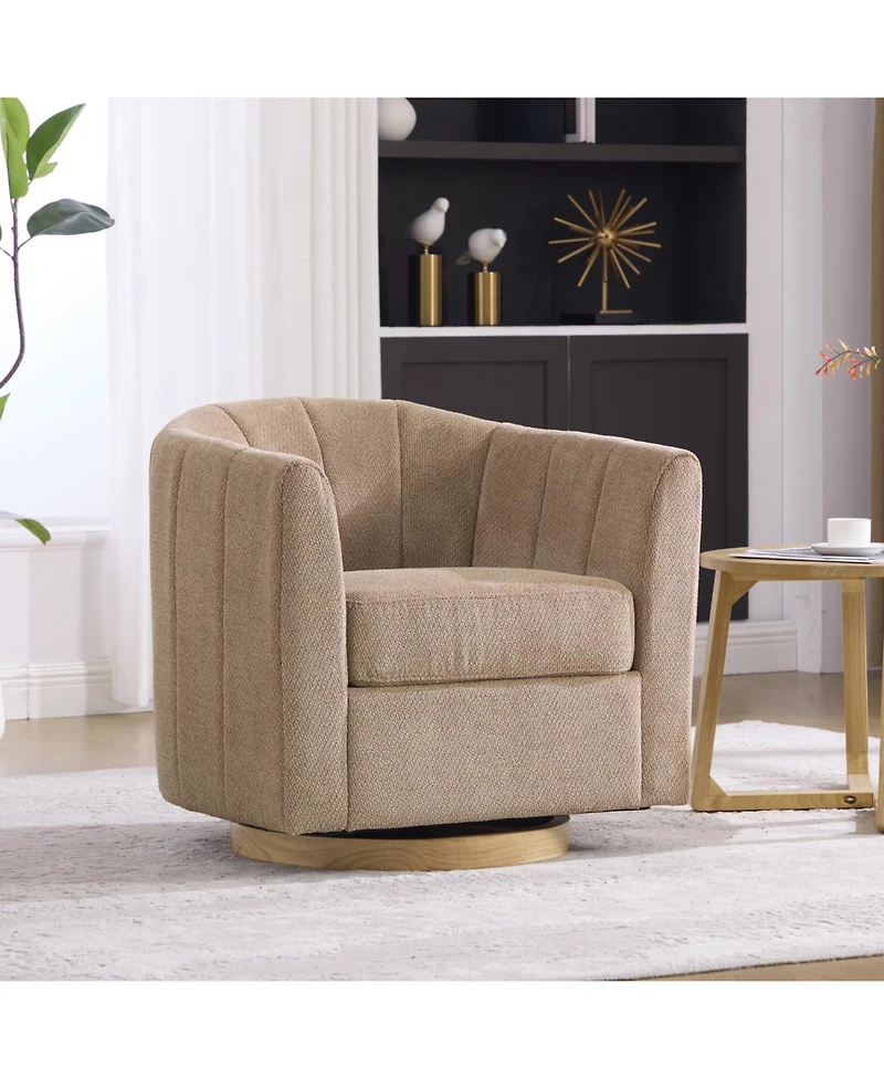 Rainsken Upholstered Chenille Swivel Barrel Chair, Comfy Channel Tufted Accent Round Armchair, Single Club Sofa, for Living Room Bedroom Reading Nook