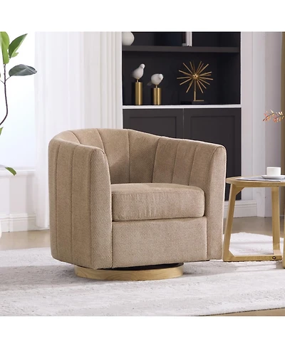 Rainsken Upholstered Chenille Swivel Barrel Chair, Comfy Channel Tufted Accent Round Armchair, Single Club Sofa, for Living Room Bedroom Reading Nook