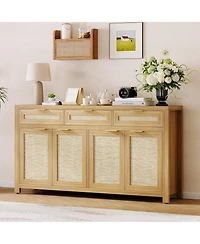 gaomon 63 Inch Sideboard Buffet Cabinet, Rattan Farmhouse Credenza Storage Cabinet with Doors, Drawers and Adjustable Shelves,