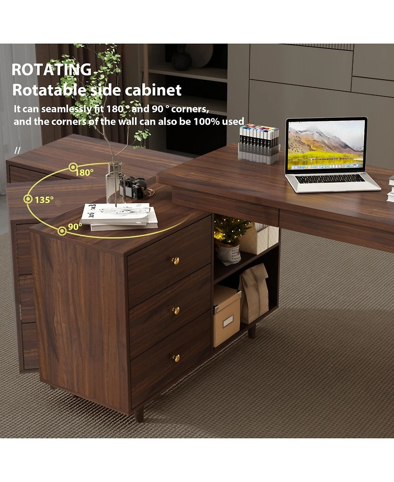 Homsee L-Shaped Desk with Storage - 55-Inch Corner Computer Desk with Drawers and Shelves | Adjustable Wood Office Desk in Walnut Finish