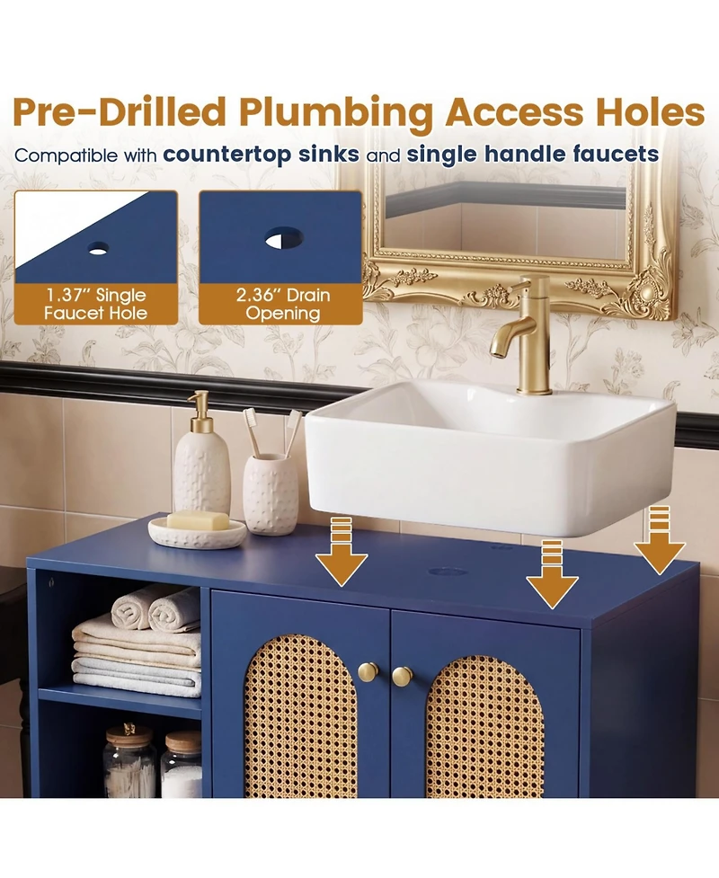 Volenca Boho Under-Sink Bathroom Cabinet with Pe Rattan and Open Cubes, 36-in W
