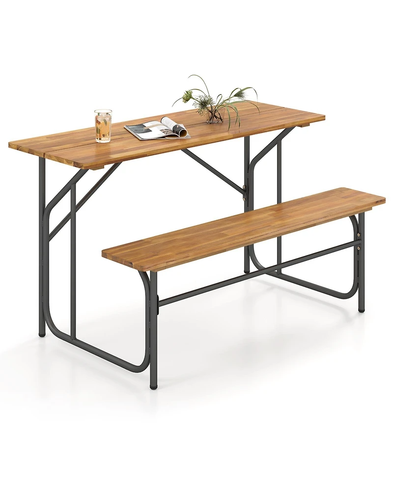 Sugift 52 in Acacia Wood One-Side Picnic Table with Metal Frame