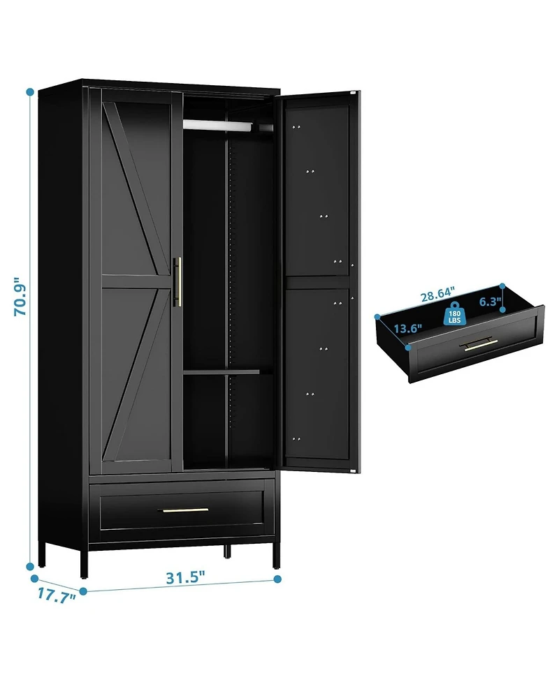 Boyel Living 71 Inch Metal Wardrobe Closet with Drawer and Hanging Rod, Tall Armoire Cabinet Adjustable Shelf for Bedroom