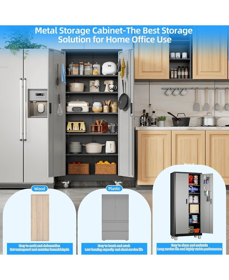 Boyel Living 71 Inch Metal Garage Storage Cabinet with Wheels and Pegboard, Lockable Tool Organizer 5 Adjustable Shelves