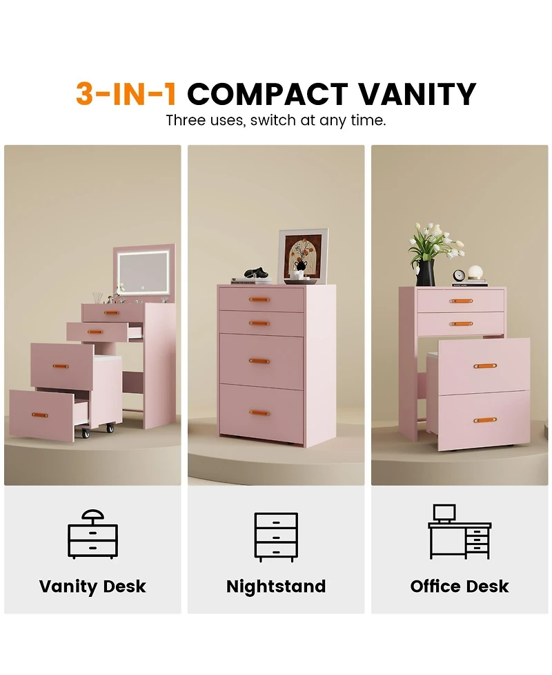 Gaomon 3-in-1 Makeup Vanity Desk with Led Mirror, Dressing Table Set Rolling Chair and Storage for Girls Bedroom Apartment