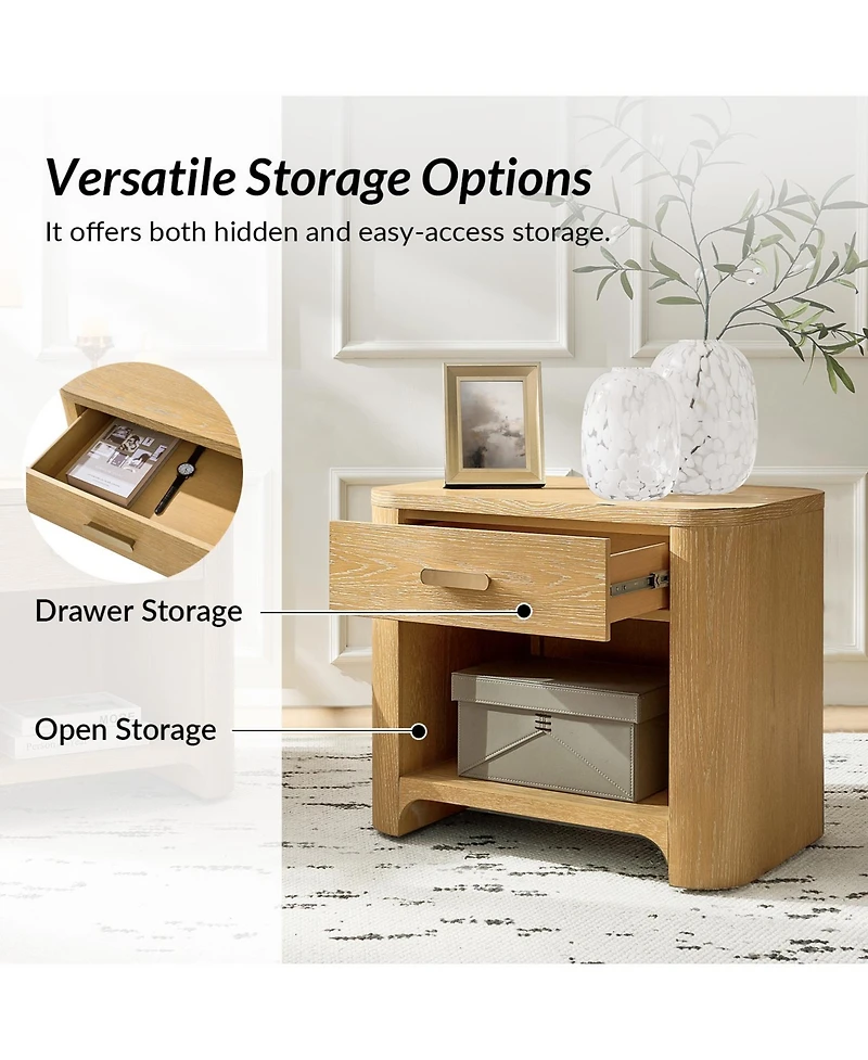 Hulala Home Roberta Modern 28"W 1 Drawer Oak Wood End Table with Built-In Power Station