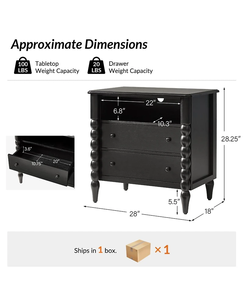 Hulala Home Isidora Transitional 28"W 2-Drawer Spindle-Style Solid Wood Columns End Table with Usb Ports