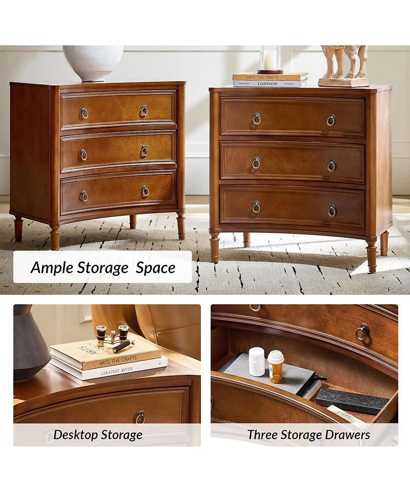 Hulala Home Laurencia 26"W 3-Drawer Curved Silhouette End Table with Built-in Charging Station