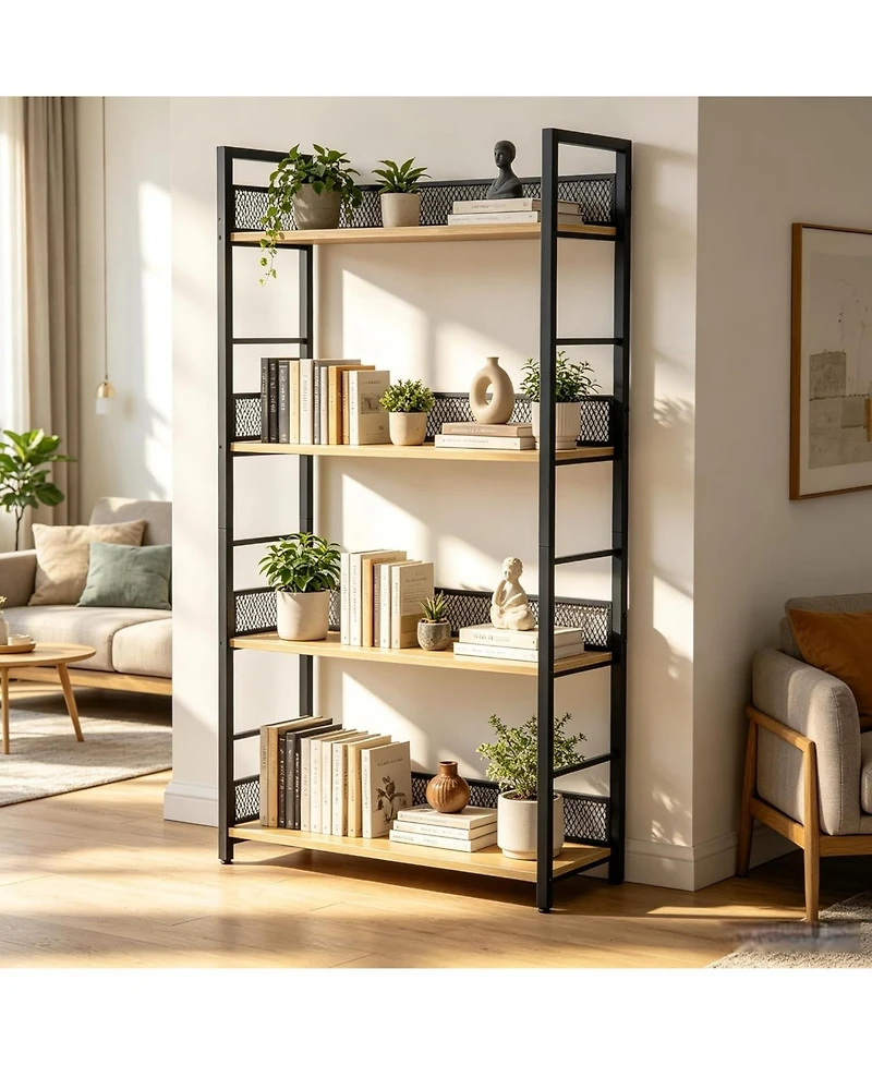 gaomon 4 Tier Bookshelf with Metal Frame and Wood Shelves, Tall Industrial Bookcase Storage Rack for Bedroom Living Room Home Office