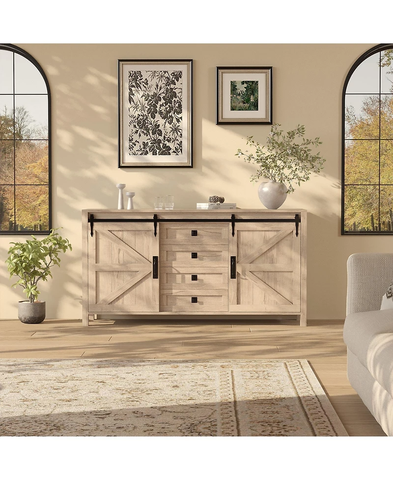 homfan 60 Inch Farmhouse Rustic Wood Sideboard Buffet with Sliding Barn Doors and 4 Drawers, Multi-use Coffee Bar Tv Console